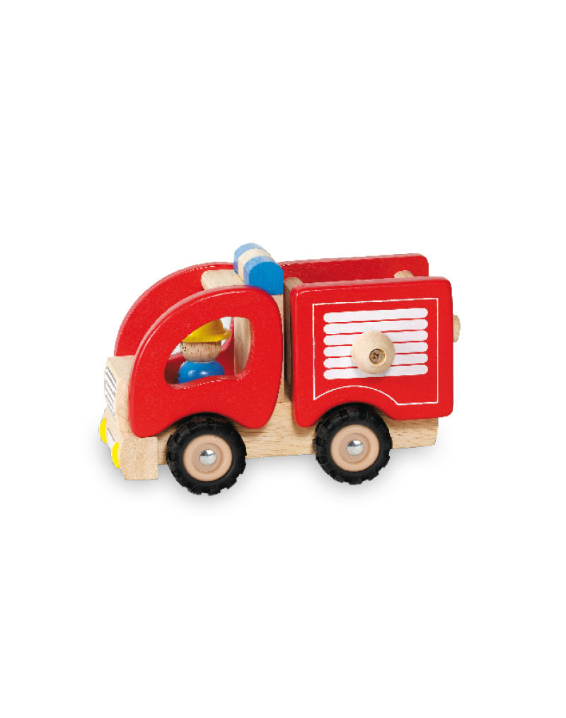 Kleiner roter Feuerwehrwagen aus Holz mit funktionierender Seilkurbel und Reifen. Inklusive Holzfigur-Männchen.
