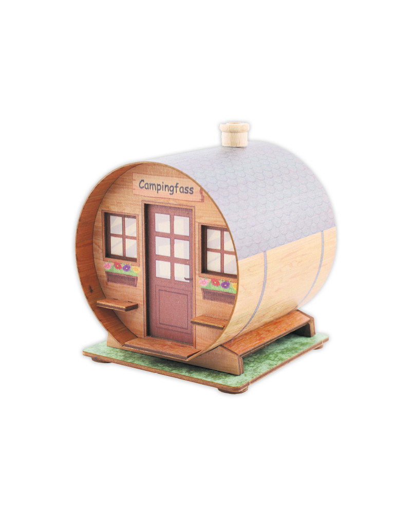 Räucherfass in Camping-Motiv aus Holz